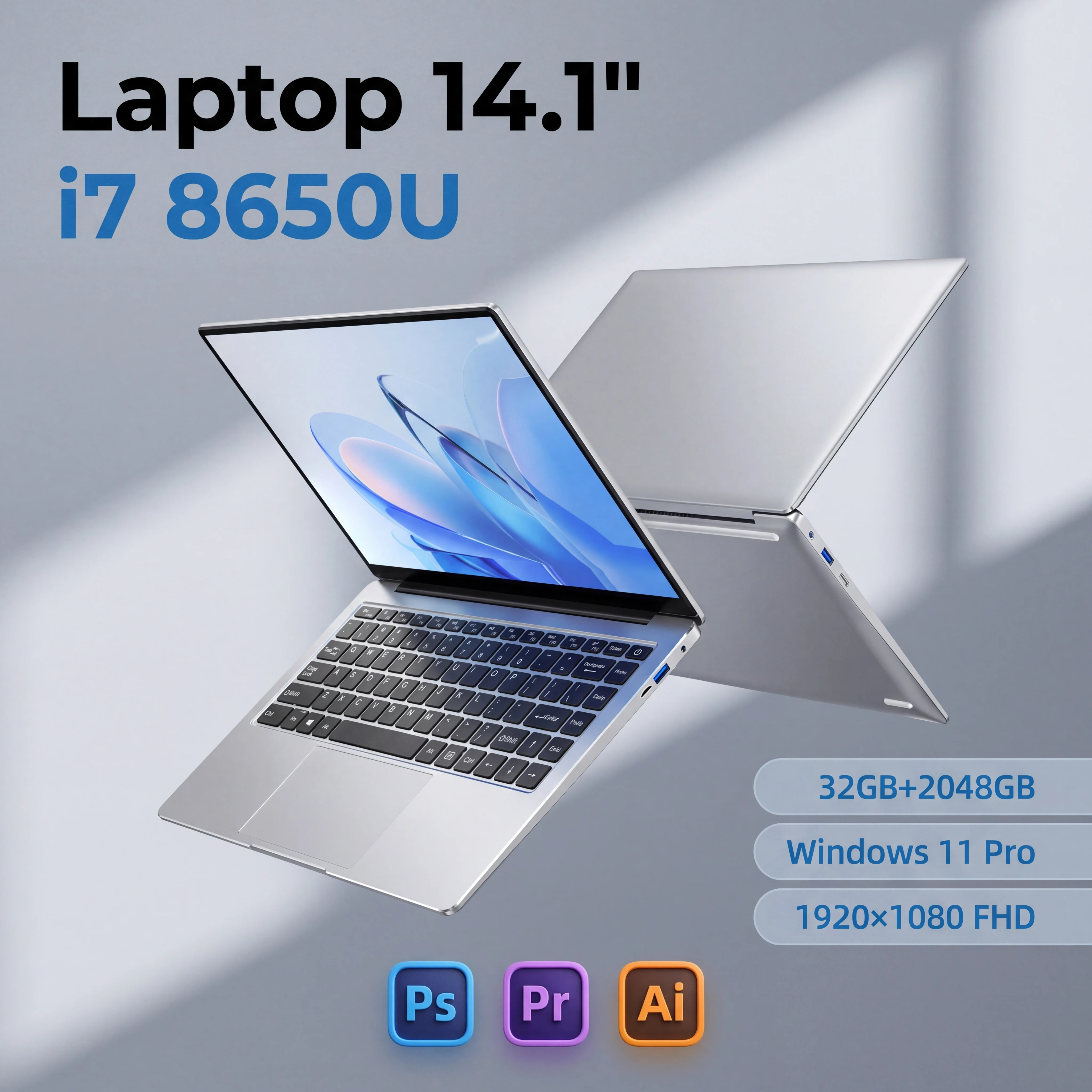 2026년형 초슬림 14.1인치 코어 i7-8650U 노트북 32GB 램 2TB M.2 SSD 윈도우 11 프로 비즈니스 사무용 학생용 컴퓨터