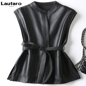 Lautaro 봄 가을 블랙 소프트 Pu 가죽 조끼 럭셔리 브랜드 벨트 럭셔리 우아한 오피스 민소매 자켓 여성 2022