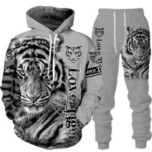 새로운 동물 3D 호랑이 인쇄 까마귀 + 바지 정장 멋진 남자/여자 2 Pcs Sportwear Tracksuit 세트 가을, 겨울 남성 의류