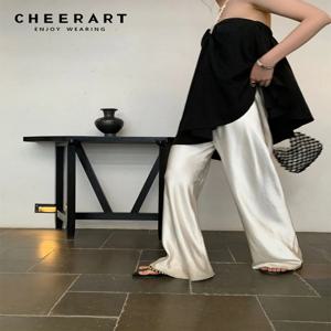 CHEERART 여성용 새틴 바지 한국 패션 2023 여름 바지 캐주얼 와이드 레그 팬츠 베이지 블랙 블루 하의 의류