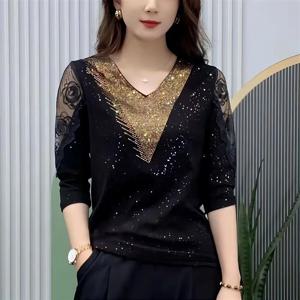 4XL 여성 여름 봄 가을 블라우스 셔츠 레이디 패션 하프 슬리브 v 넥 칼라 스팽글 레이스 자수 블라우스 탑 WY0808