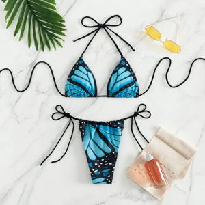 섹시한 여성 나비 프린트 홀터넥 스트링 마이크로 비키니 세트 두 조각 수영복 수영복 수영복 비치 의상 biquini