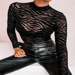 블랙 메쉬 투명 섹시한 바디 슈트 긴 소매 슬림 스키니 스트라이프 모의 목 캐주얼 Rompers 여성 레이디 파티 클럽 바디