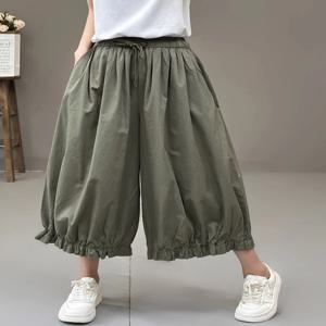여름 신상 루즈핏 큰 사이즈 꽃봉오리 랜턴 팬츠 여성 레트로 캐주얼 솔리드 컬러 다용도 밴딩 허리 와이드 레그 스커트 팬츠