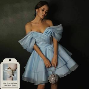 스마일레븐 스카이 블루 무도회 원피스 오프숄더 오간자 파티 가운, 미디 티 길이, 포멀 플리츠 이브닝 원피스, 맞춤형 2024