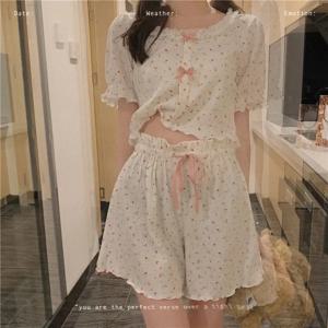 여름 Gilrs 두 조각 짧은 소매 잠옷 얇은 달콤한 꽃 탄성 허리 Homewear 세트 활과 느슨한 부드러운 조절 o-넥