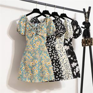 여성 미니 드레스 여름 패션 여성 Vestidos 인쇄 꽃 쉬폰 드레스 Shirring Pleated 짧은 푹신한 슬리브 캐주얼 드레스