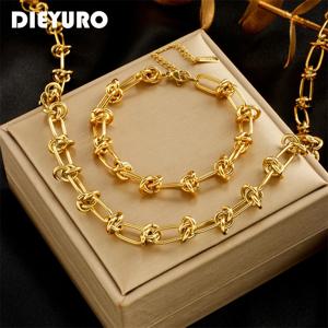 DIEYURO 316L 스테인레스 스틸 골드 실버 컬러 트위스트 매듭 목걸이 팔찌 여자 여자 새로운 패션 비 페이딩 쥬얼리 세트