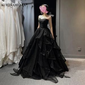웨딩 슈팅 기질 블랙 우아한 웨딩 파티 드레스 Strapless Tiered Draped Prom 가운 볼 가운 공식 드레스 여성