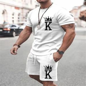 남성용 오버사이즈 투피스 캐주얼 세트, 심플 캐주얼 스트리트웨어, 킹 프린트 비치 세트, 남성용 티셔츠 반바지, 운동복, 여름 신상