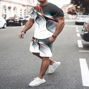 그라디언트 텍스처 티셔츠 남성용 투피스 반바지, 3D 프린팅 스트리트 캐주얼 운동복, 세트 패션, 여름 신상