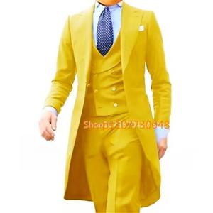 솔리드 웨딩 남자 긴 Tailcoat 3 조각 공식 신랑 턱시도 파티 파티 남성 정장 패션 의류 세트 자켓 바지 조끼