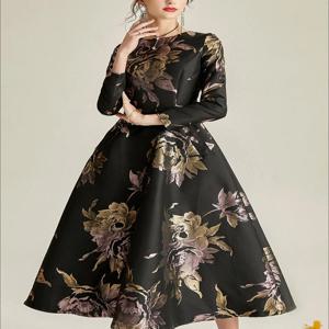 럭셔리 여성용 롱 맥시 자카드 원피스 용수철, 가을 보호 꽃 패션 의류, 숙녀 파티 이브닝 무도회 가운