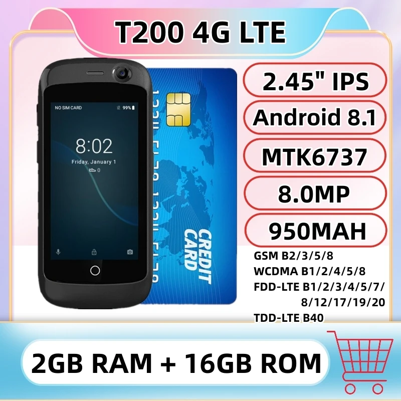 4G LTE 초소형 스마트폰 2GB 램 16GB 롬 2.45인치 안드로이드 8.1 MTK6737 2.0+8.0MP 구글 플레이 소형 카드 모바일 포켓폰