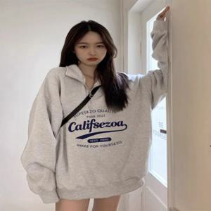 그레이 지퍼업 후드티 여성용 봄 가을 얇은 루즈핏 오버사이즈 풀오버 캡 없음 가을 겨울 상의 폴로 칼라 긴팔 면