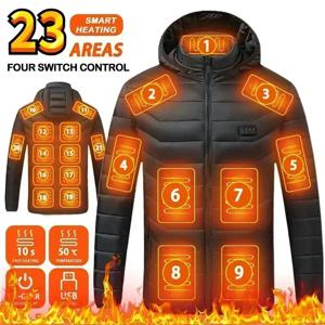 23개 구역 발열 재킷 남성용 겨울 USB 발열 조끼 파카 스마트 자가 발열 의류 여성용 캠핑 스키 다운 코튼 패딩 코트 6XL