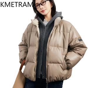 여성용 화이트 구스 다운 퍼퍼 재킷, 100% 양가죽 짧은 가죽 재킷, 후드 포함 외투, 겨울 의류, 2024