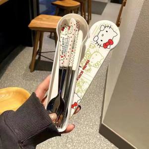애니메이션 헬로 키티 주방 식기 스테인레스 스틸 젓가락 스푼 포크 학생 사무실 휴대용 식기 세트 생일 선물