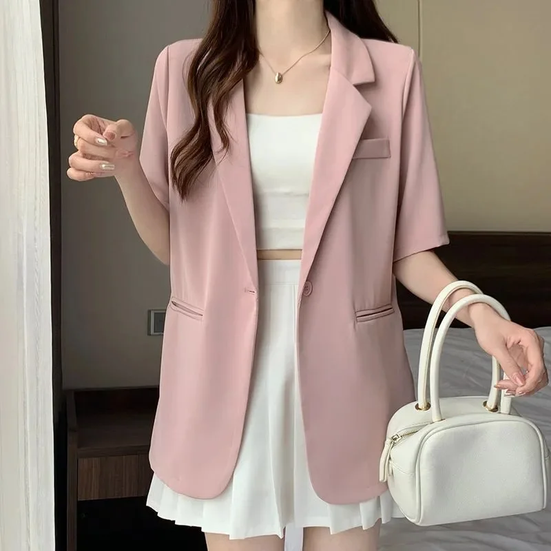 2026 여성 반팔 수트 코트 여성 여름 루즈핏 솔리드 컬러 블레이저 재킷 여성 한국 레저 탑 아우터웨어