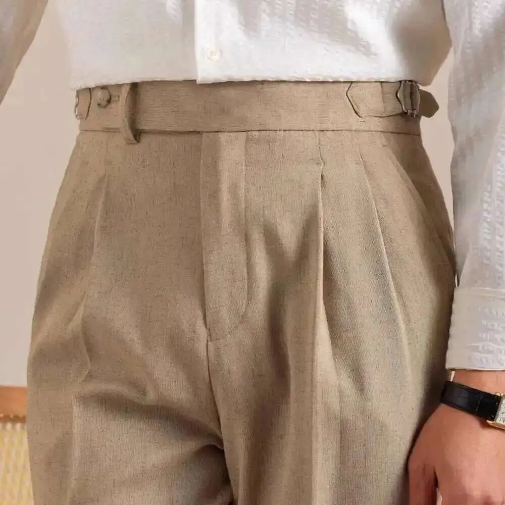 나폴리 하이 웨스트 리넨 정장 바지 남성 통기성 스트레이트 레그 오피스 바지 남성 Pantalon Costume Homme Men's Social Trousers