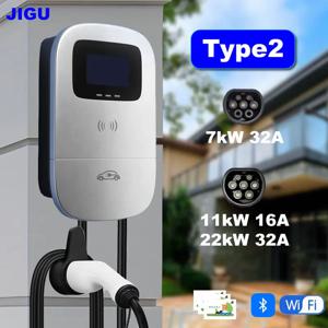 JIGU 7kW 11kW 22kW 타입 2 전기차 충전소 차량 충전 타입2 월박스 EV 충전기 (앱, 블루투스 또는 와이파이 지원)