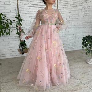 꽃 자수 포켓이있는 긴 정장 이브닝 파티 가운 긴 레이스 슬리브 여성 푹신한 슬리브 Tulle Prom Dresses