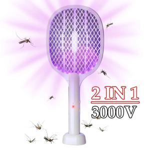 휴대용 전기 파리채, 벌레 퇴치 라켓, 2 in 1, USB 충전식, 모기 킬러 램프, 해충 방제, 3000V