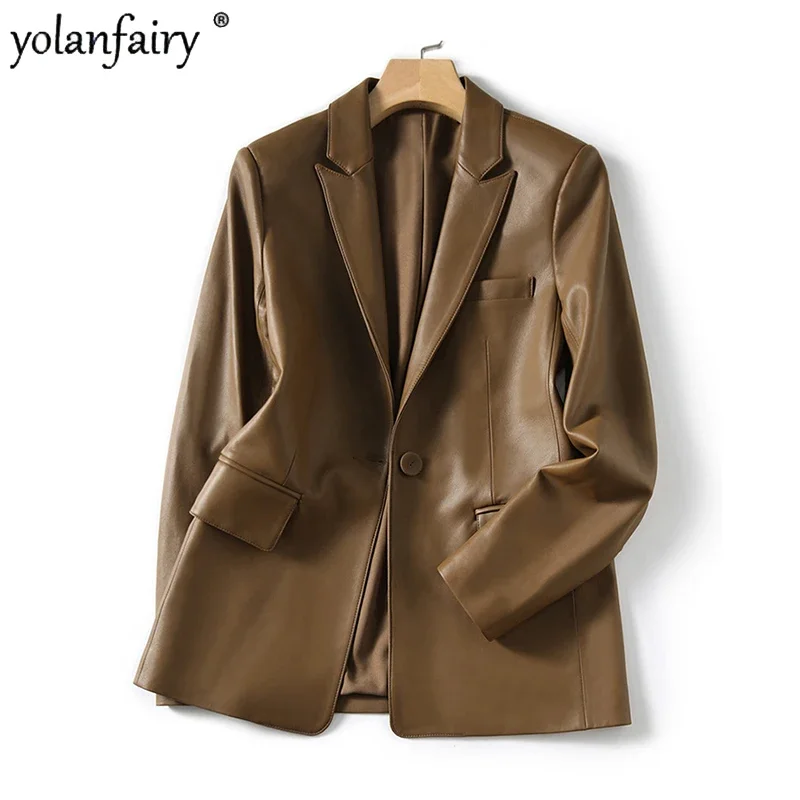 YOLANFAIRY 천연 양피 코트 블레이저 Mujer 싱글 버튼 정장 칼라 세련된 우아한 여성 자켓 슬림 리얼 가죽 탑 코트