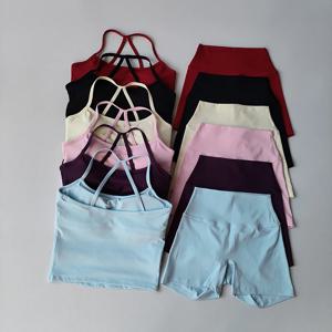 2PCS 짐 피트니스 중강도 스포츠 베스트 뷰티 백 요가복 스포츠 브라 여성 필라테스 브라 하이웨이스트 힙업 숏팬츠 세트