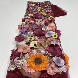 5 야드 럭셔리 3D 레이스 원단 두바이 핸드 페르시 Tulle 레이스 원단 수 놓은 스팽글 아프리카 나이지리아 원단 결혼식