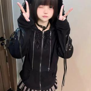 일본 카와이 고양이 귀 후드 후드 여성 Y2k 미적 그런지 캐주얼 붕대 지퍼 스웨트 패션 트렌드 스포츠웨어 탑