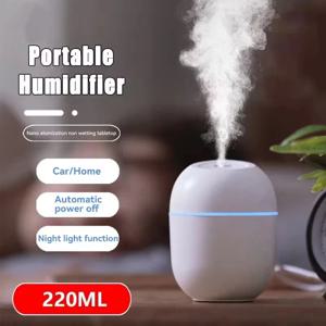 220ml 미니 공기 가습기(LED 야간 램프 포함) 아로마테라피 오일 디퓨저 미스트 메이커 USB 충전식 자동차 홈 오피스용