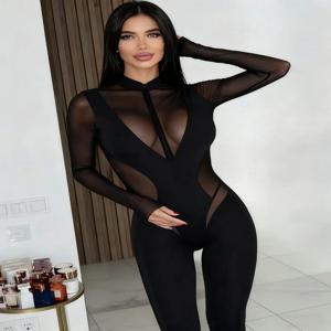 Sisterlinda 패치 워크 점프 수트 여성 높은 목 지퍼 긴 소매 스트레치 스키니 한밤중 코켓 파티 클럽웨어를 통해 확인