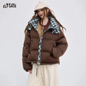 ELFSACK 2025 리버시블 패딩 재킷 여성용, Y2K 후드 하이넥 숏 다운 코트, 프레피 캐주얼 양면 겨울 재킷
