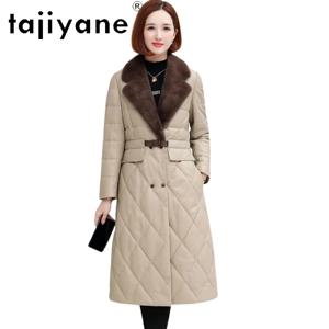TAJIYANE 리얼 가죽 패딩 재킷 여성용 100% 양가죽 롱 다운 코트 밍크 칼라 겨울 외투 여성 의류 2025