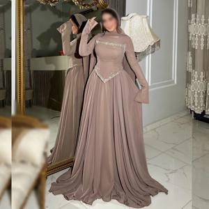 맞춤형 정장 이브닝 드레스 쉬폰 플리츠 글리터 O넥 A라인 롱 드레스 맞춤형 행사 프롬 우아한 파티 웨딩