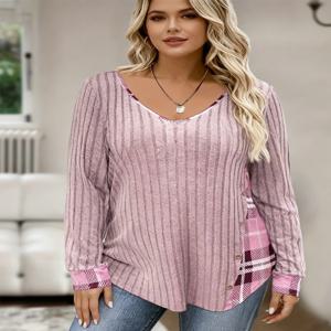 플러스 사이즈 1XL-5XL 여성 캐주얼 패션 브이넥 긴팔 티셔츠 여성 플러스 사이즈 격자무늬 솔리드 리브드 티셔츠 의류