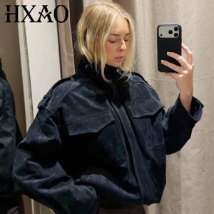 HXAO 신상 스웨이드 재킷 여성용 가을 다크그레이 카키 봄버 재킷 시크한 지퍼업 긴팔 코트 패션 아우터웨어