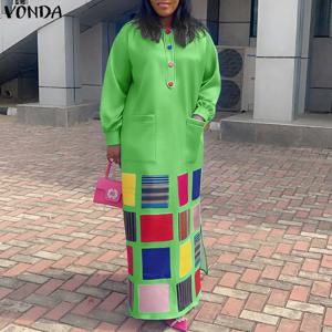 플러스 사이즈 5XL VONDA 빈티지 맥시 드레스 여성 패션 긴 소매 프린트 보헤미안 베스티도 캐주얼 루즈 포켓 오버사이즈 파티 로브