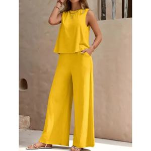 투피스 숙녀 세트 2025 여름 새로운 다목적 민소매 O 넥 조끼 탑 정장 세련된 캐주얼 루즈 와이드 레그 바지 세트