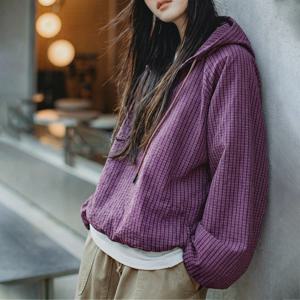 마덴 여성용 오버사이즈 하프 집업 후디 유틸리티 스포츠 스웨트셔츠 퍼플 플래드 경량 긴팔 풀오버 봄용