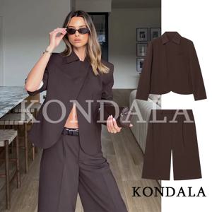 KONDALA 트렌디 통근 블레이저 반바지 세트 여성 우아한 브라운 블레이저,크롭 팬츠 2026 봄 여름 시크 하이 스트리트 팬츠 세트