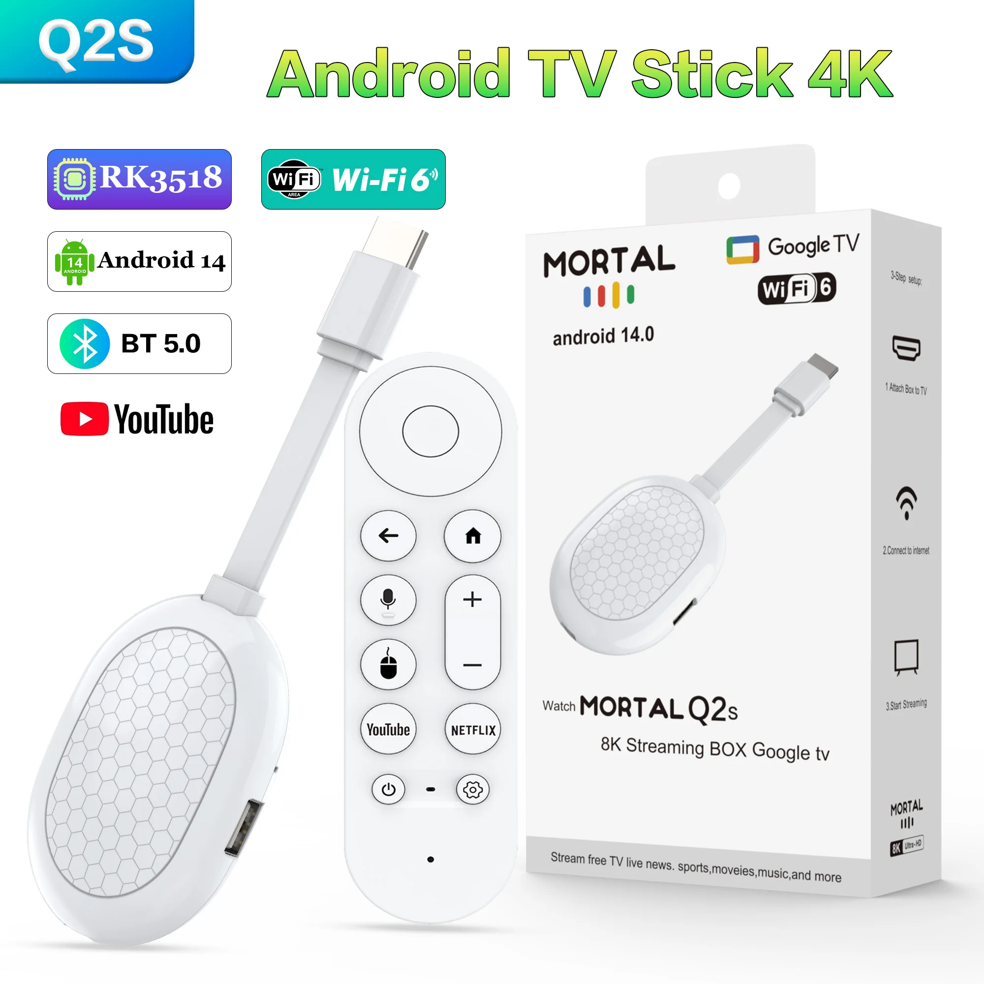 새로운 스마트 TV 스틱 Q2S 안드로이드 14 지원 울트라 HD BT5.0 듀얼 2.4/5G 스트리밍 미디어 플레이어 BT 5.0 비디오 디코딩 TV 박스