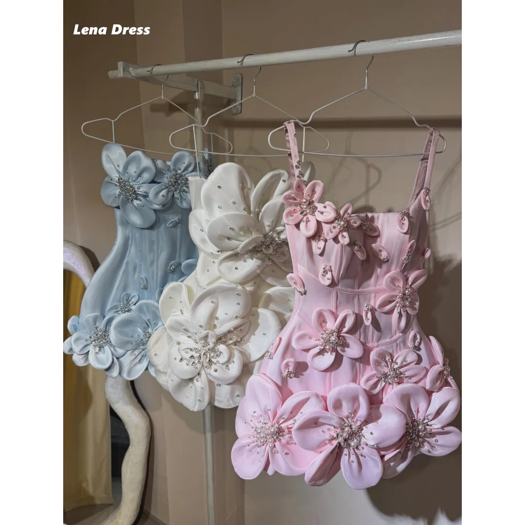 레나 짧은 치마 이브닝 드레스 웨딩 스파게티 스트랩 여성을위한 우아한 파티 드레스 럭셔리 3D 꽃 우아한 여성 드레스
