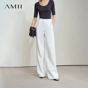 Amii 여성용 청바지 미니멀리스트 2025 여름 신상품 솔리드 컬러 통근 블랙 베이지 와이드 레그 코튼 데님 롱 팬츠 12552012