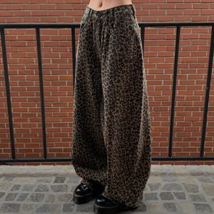하이웨이스트 와이드 레그 루즈핏 캐주얼 시크 아메리칸 레트로 레오파드 프린트 플로어 기장 여성용 청바지 통근 스타일 표준 사이즈
