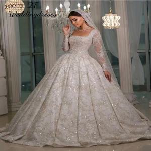여성을위한 맞춤형 웨딩 드레스 스퀘어 넥 긴 소매 레이스 스팽글 페르시 신부 가운 Robe De Vestidos De Novia