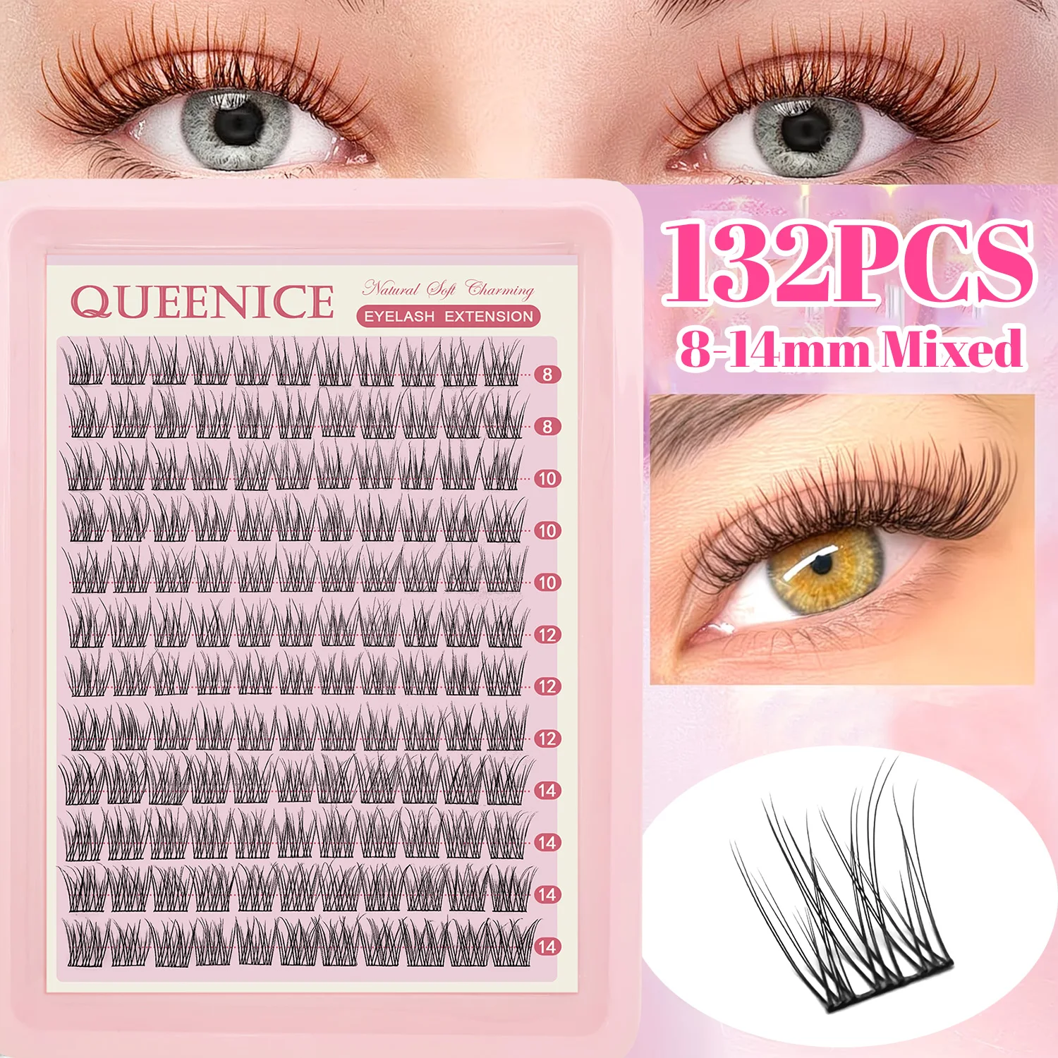 QUEENICE 천연 인조 속눈썹 연장 0.07mm 두께, C컬, 8-14mm 혼합 길이