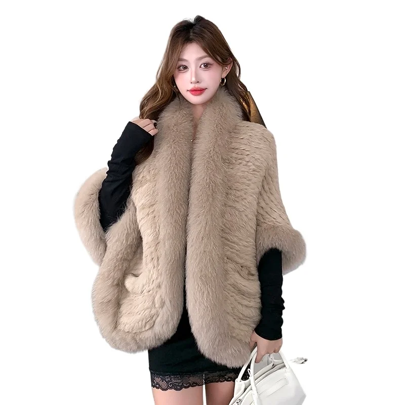토끼털 숄 모피 코트 여성 가을 겨울 따뜻한 패션 셀럽 스타일 여우털 칼라 케이프