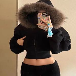 레트로 아메리칸 블랙 퍼 칼라 숏 지퍼 재킷 여성용 가을 겨울 따뜻한 플리스 디자인 감각적인 숏 가디건
